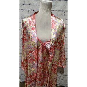Adonna Vintage Satin Nightgown & Robe Pink Floral Silky Belted Size Large